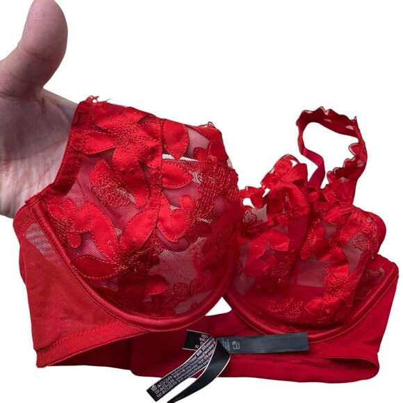 Victoria’s Secret Floral Embroidery Bra Very Sexy Unlined Demi Red 36DD Sheer - Picture 6 of 8